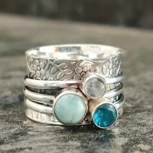 Silvertone Multi Blue Inlay Ring